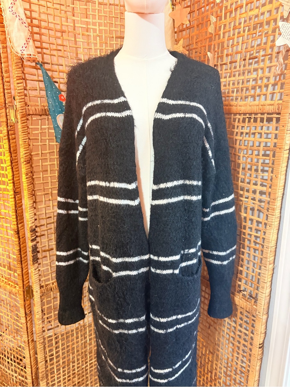 HYFVE Black Open-Front Cardigan with White Stripes